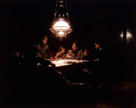 Family supper in the lamp light od Knut Ekwall