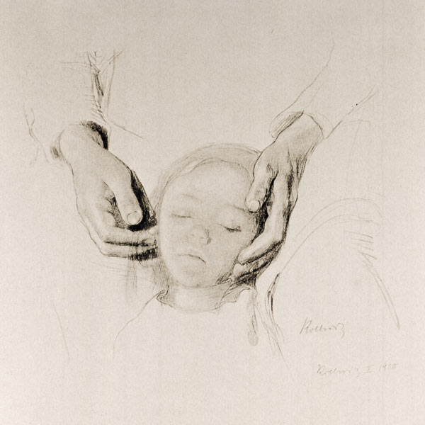 Kopf eines Kindes in Händen. od Käthe Kollwitz