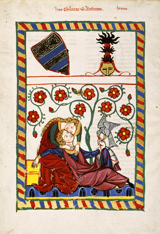 Buchmalerei, von der Falkenbeize heimgekehrt, ruht im Schoße seiner Dame od Konrad von Altstetten