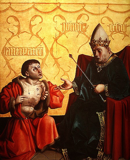 Antipater kneeling before Juilus Caesar, from the Mirror of Salvation Altarpiece, c.1435 (tempera on od Konrad Witz