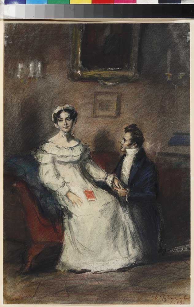 Tatyana and Onegin. Illustration for the novel in verse "Eugene Onegin" by A. Pushkin od Konstantin Iwanowitsch Rudakow