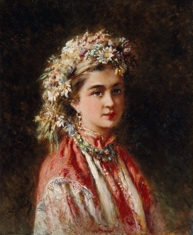Young girl with flower garland od Konstantin Jegorowitsch Makowski