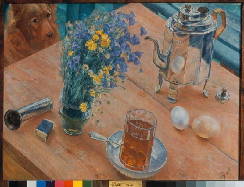 Das Morgen-Stillleben (Teekanne, Teeglas und Blumenvase) od Kosjma Ssergej. Petroff-Wodkin