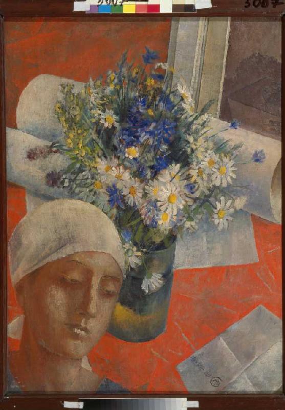 Frauenkopf und Vase mit Blumen od Kosjma Ssergej. Petroff-Wodkin