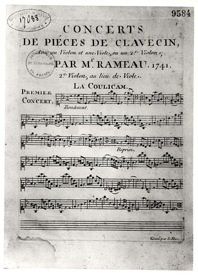Score sheet for ''Concerts de Pieces de Clavecin'' Jean-Philippe Rameau (1683-1764) 1741 od L. Hue