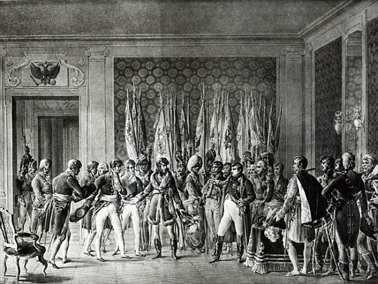 Napoleon gives the flags won at Austerlitz in 1805 to the Mayors of Paris visiting him at Schonbrunn od L. Marin