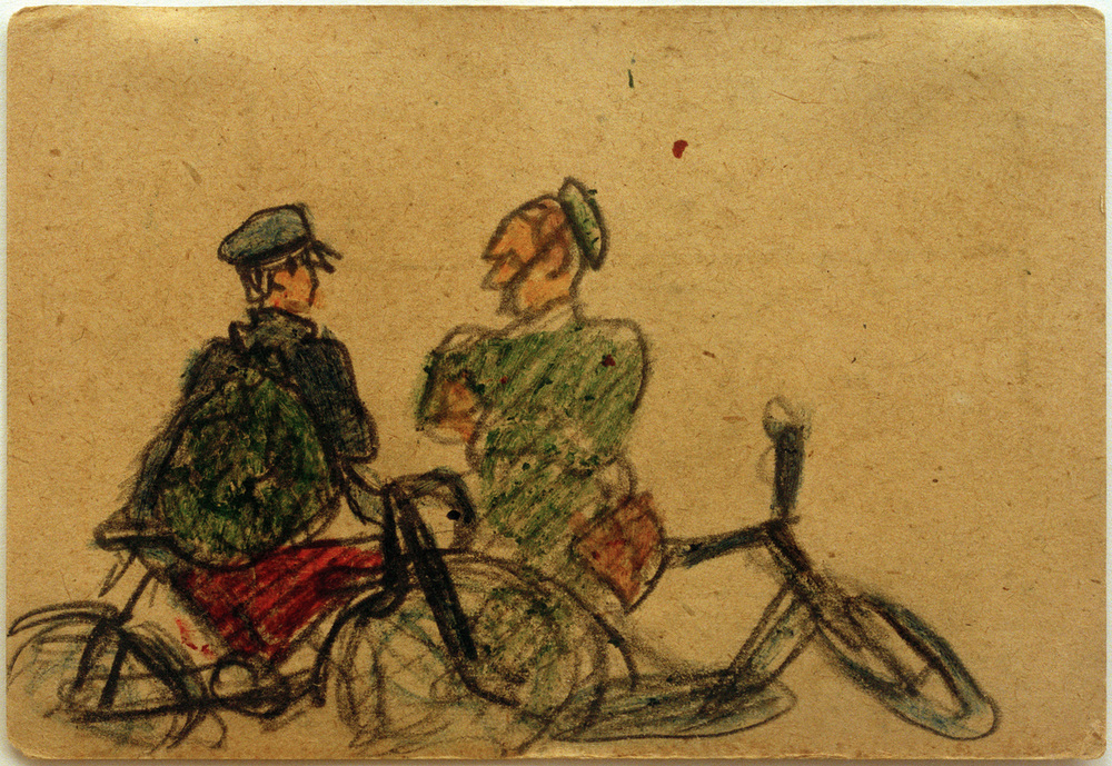 Ohne Titel (Fahrradfahrer im Gespräch)  od László Moholy-Nagy