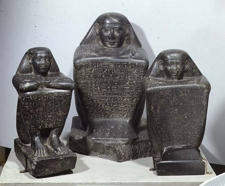 Block statues of Akhamenru, Harwa and Amenemonet od Late Period Egyptian