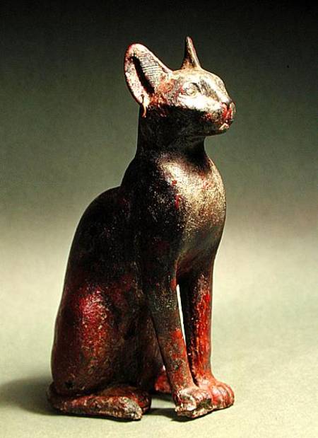 Statuette of a cat with gold earrings, the sacred representation of the goddess Bastet od Late Period Egyptian