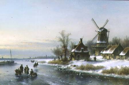 Windmill by a Frozen River od Laurens Johannes Kleijn
