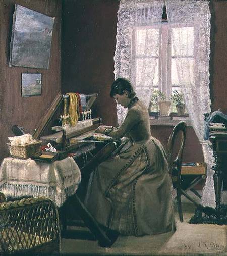 Johanne Wilde, the artist's wife, at her loom od Lauritz Andersen Ring