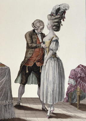 A tailor trying out a fashionable corset on a lady, plate from 'Galerie des Modes et Costumes', engr od Le Clere