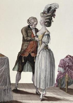 A tailor trying out a fashionable corset on a lady, plate from 'Galerie des Modes et Costumes', engr