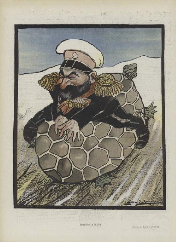 Aleksey Kuropatkin, Russian Minister of War. Illustration for Le Rire (colour litho) od Leal de Camara