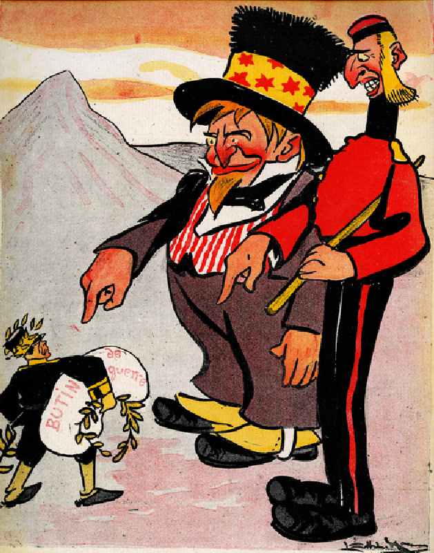 America and England threaten Japan - "you can keep your Laurels, but leave us the loot" 1904 (litho) od Leal de Camara