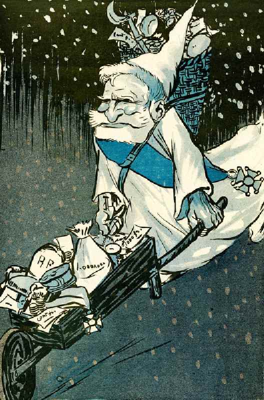 The Christmas for big kids - French President Emile Loubet dressed as Santa Claus with a wheelbarrow od Leal de Camara