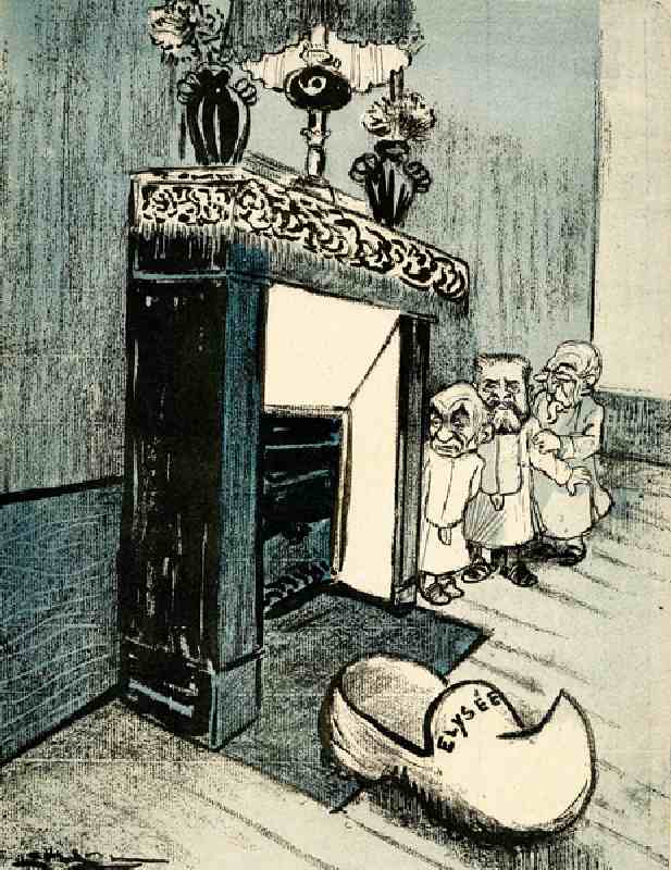Georges Clémenceau, Armand Fallières and Émile Combes wait by the fireplace to surprise Santa. 1905. od Leal de Camara