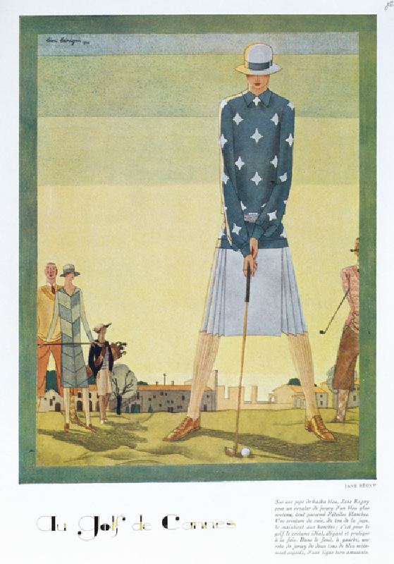 Golfing dress design by Jane Regny, fashion plate from Femina magazine, Christmas 1926 (colour litho od Leon Benigni