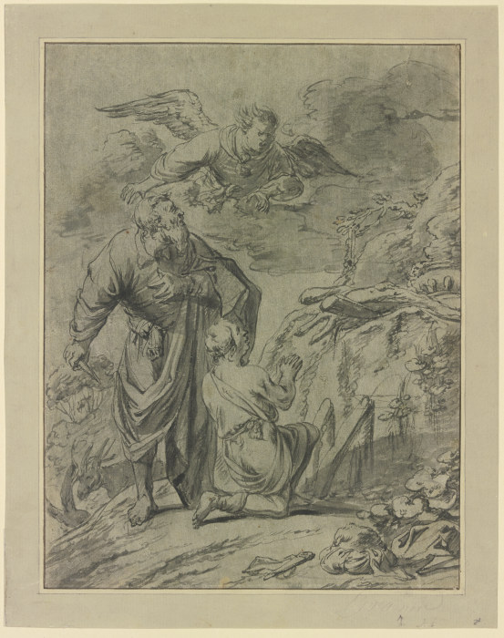 Abraham im Begriff seinen Sohn Isaak zu opfern, erblickt den Engel od Leonard Bramer