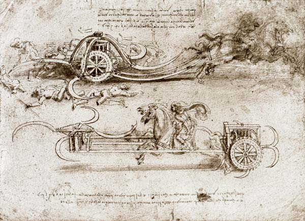 Battle chariots armed with scythes (pen & ink on paper) od Leonardo da Vinci