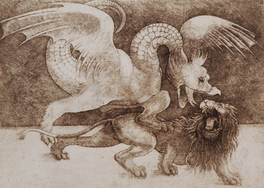 Fight between a Dragon and a Lion (pen and ink on paper) (print) od Leonardo da Vinci