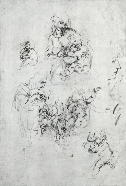Studies for a Madonna with a cat, c.1478-80 (pen and ink over black chalk on paper) od Leonardo da Vinci