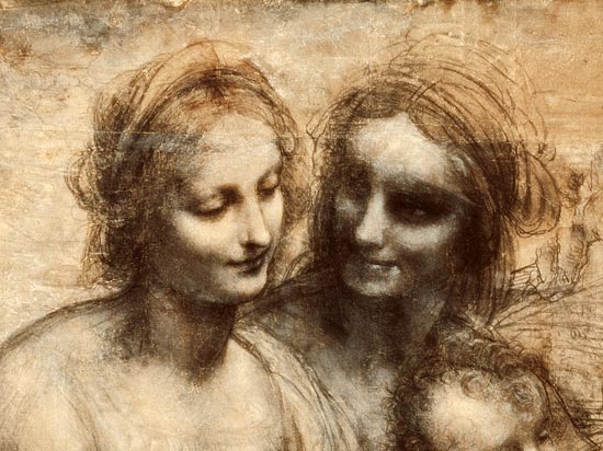 The Virgin and Child with SS. Anne and John the Baptist, detail of heads of the Virgin and St. Anne od Leonardo da Vinci