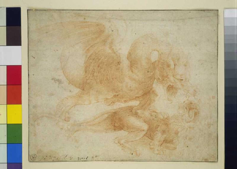 Ein Drache attakiert einen Löwen. od Leonardo da Vinci
