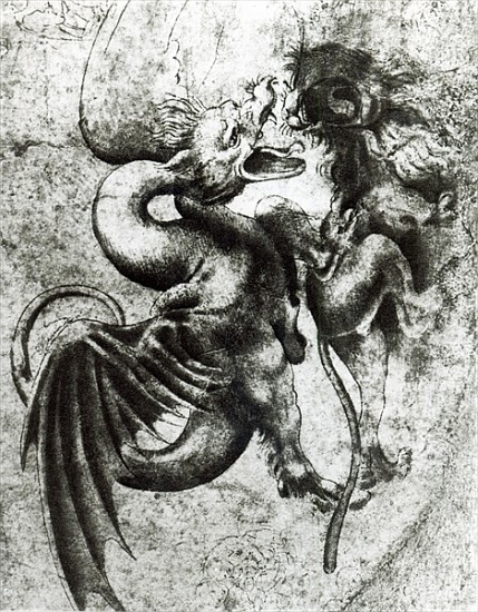 Fight between a Dragon and a Lion (brown ink with wash on paper) od Leonardo da Vinci