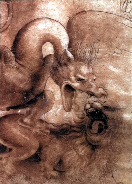 Fight between a dragon and a lion, a detail od Leonardo da Vinci
