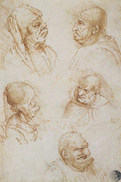 Five Studies of Grotesque Faces od Leonardo da Vinci