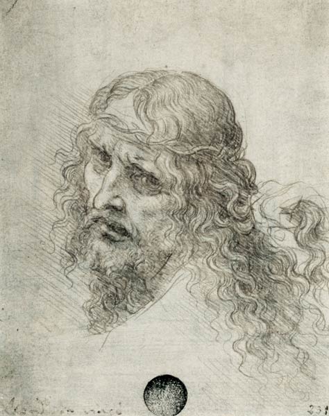Head of Christ with a hand grasping his hair (black chalk on linen paper) od Leonardo da Vinci