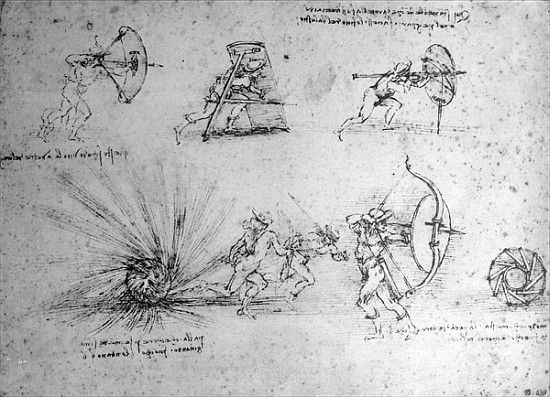 Study with Shields for Foot Soldiers and an Exploding Bomb, c.1485-88 (pen and ink on paper) od Leonardo da Vinci