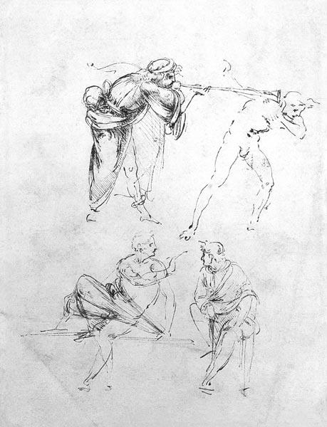 Study of a man blowing a trumpet in another''s ear, and two figures in conversation, c.1480-82 (pen 