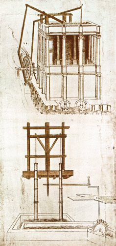 Facsimile of Codex Atlanticus 395v Hydraulic Water Pump for a Fountain (original copy in the Bibliot od Leonardo da Vinci