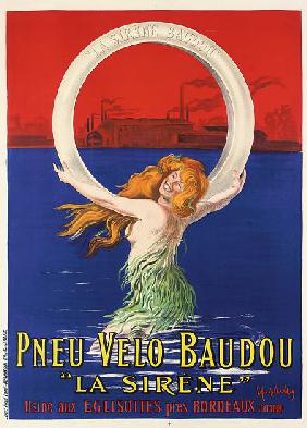 Poster advertising 'La Sirene' bicycle tires manufactured by Pneu Velo Baudou