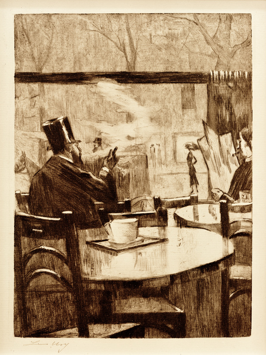 Herr mit Zylinder vor einem Kaffeehausfenster - In Rückenansicht od Lesser Ury