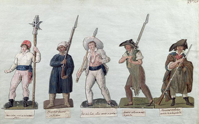 A Sans Culotte with his Pike, a Carter, a Market Porter, a Cobbler and a Carpenter (gouache on card) od Lesueur Brothers