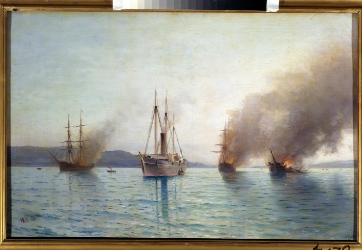 Russian torpedo boat tender Grand Duke Konstantin destroying the Turkish ships at Bosphorus on 1877 od Lew Felixowitsch Lagorio