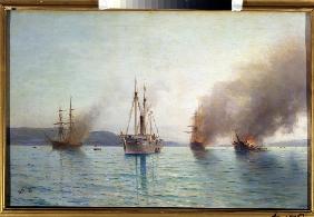 Russian torpedo boat tender Grand Duke Konstantin destroying the Turkish ships at Bosphorus on 1877