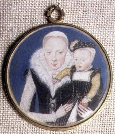Portrait miniature of Lady Katherine Seymour, nee Grey (c.1538-68) Countess of Hertford, holding her od Lievine Teerlink