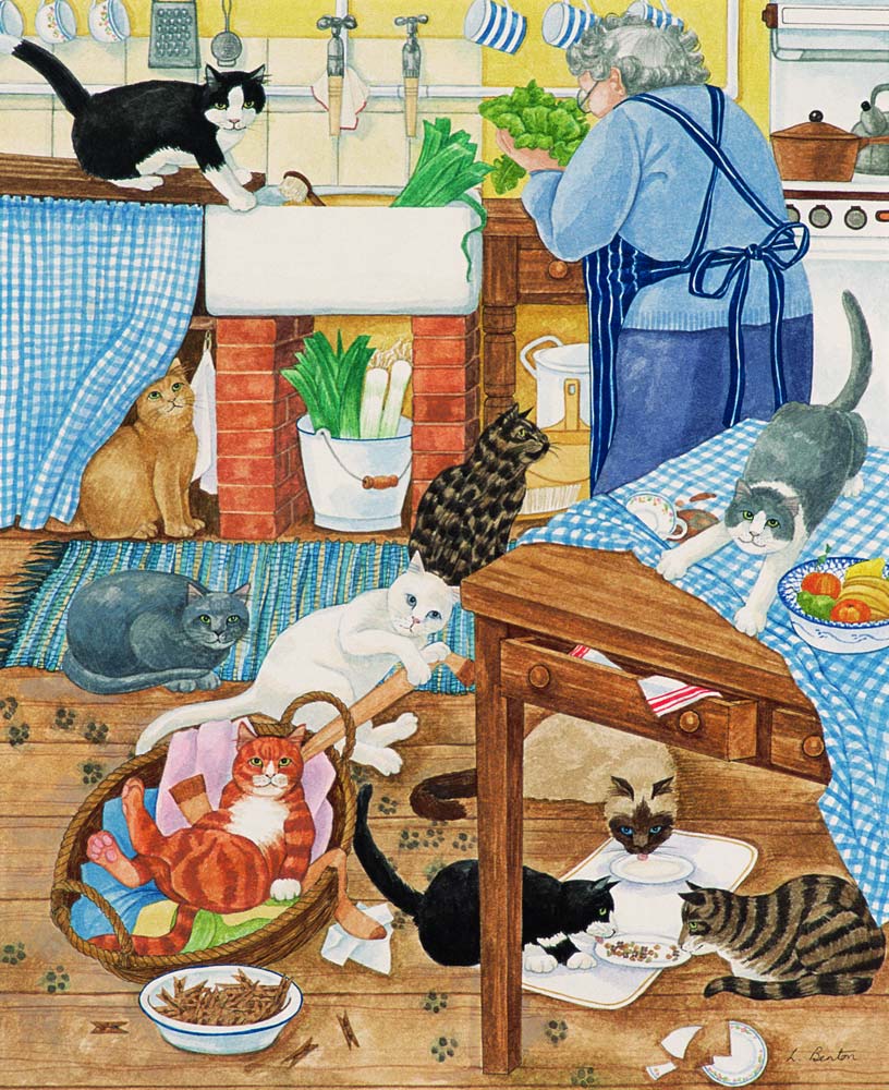 Grandma and 10 cats in the kitchen od Linda  Benton