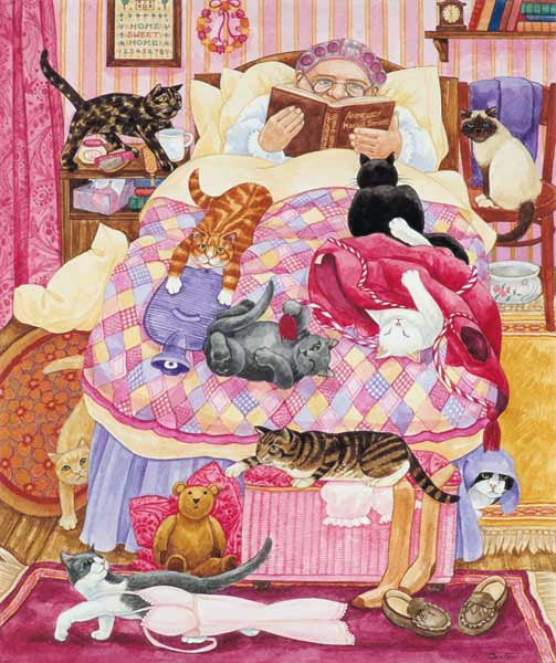 Grandma and 10 cats in the bedroom od Linda  Benton