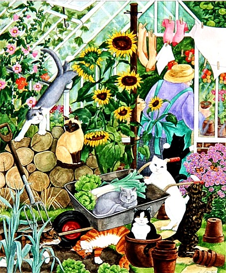 Grandma and 10 cats in the greenhouse od Linda  Benton