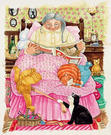 Grandma and 2 cats and a pink bed od Linda  Benton
