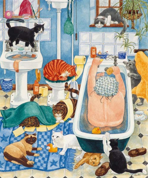Grandma and 10 cats in the bathroom od Linda  Benton
