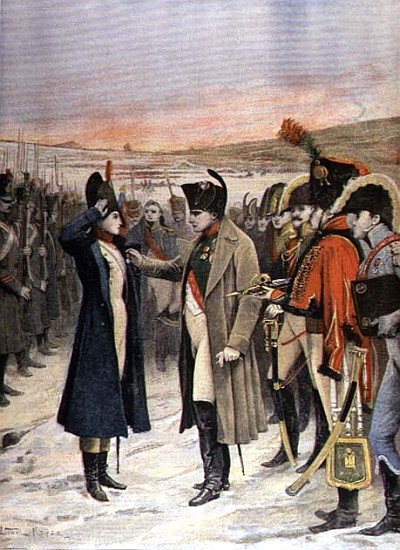 Napoleon Bonaparte (1769-1821) presenting the female officer, Marie Schellinck with a medal on the b od Lionel Noel Royer