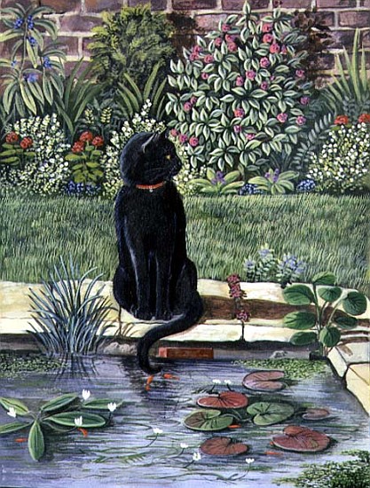 Black cat by a pond, 1983 (gouache)  od Liz  Wright