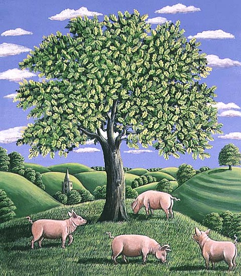 Pigs under an oak tree, 1985 (gouache)  od Liz  Wright