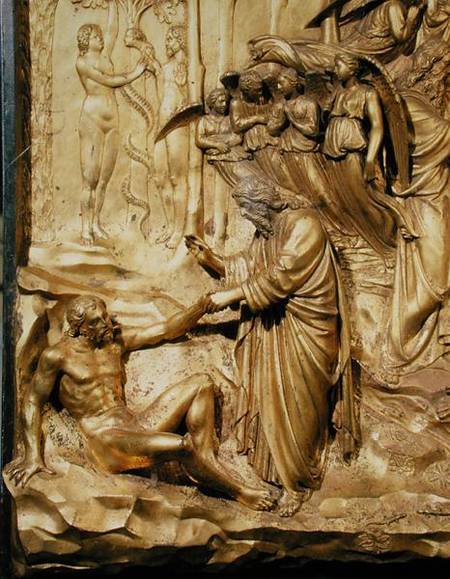 The Story of Adam, detail of the Creation of Adam and the Temptation of Adam and Eve, from one of th od Lorenzo  Ghiberti